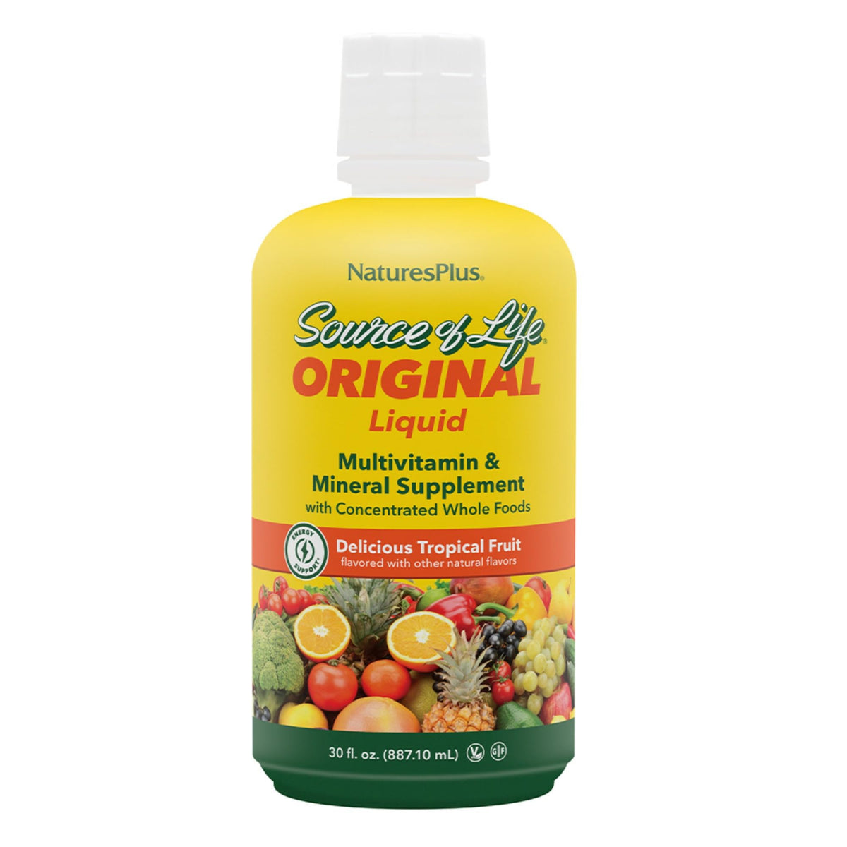 NaturesPlus Source of Life Liquid tropical bottle viewed for daily energy and wellness