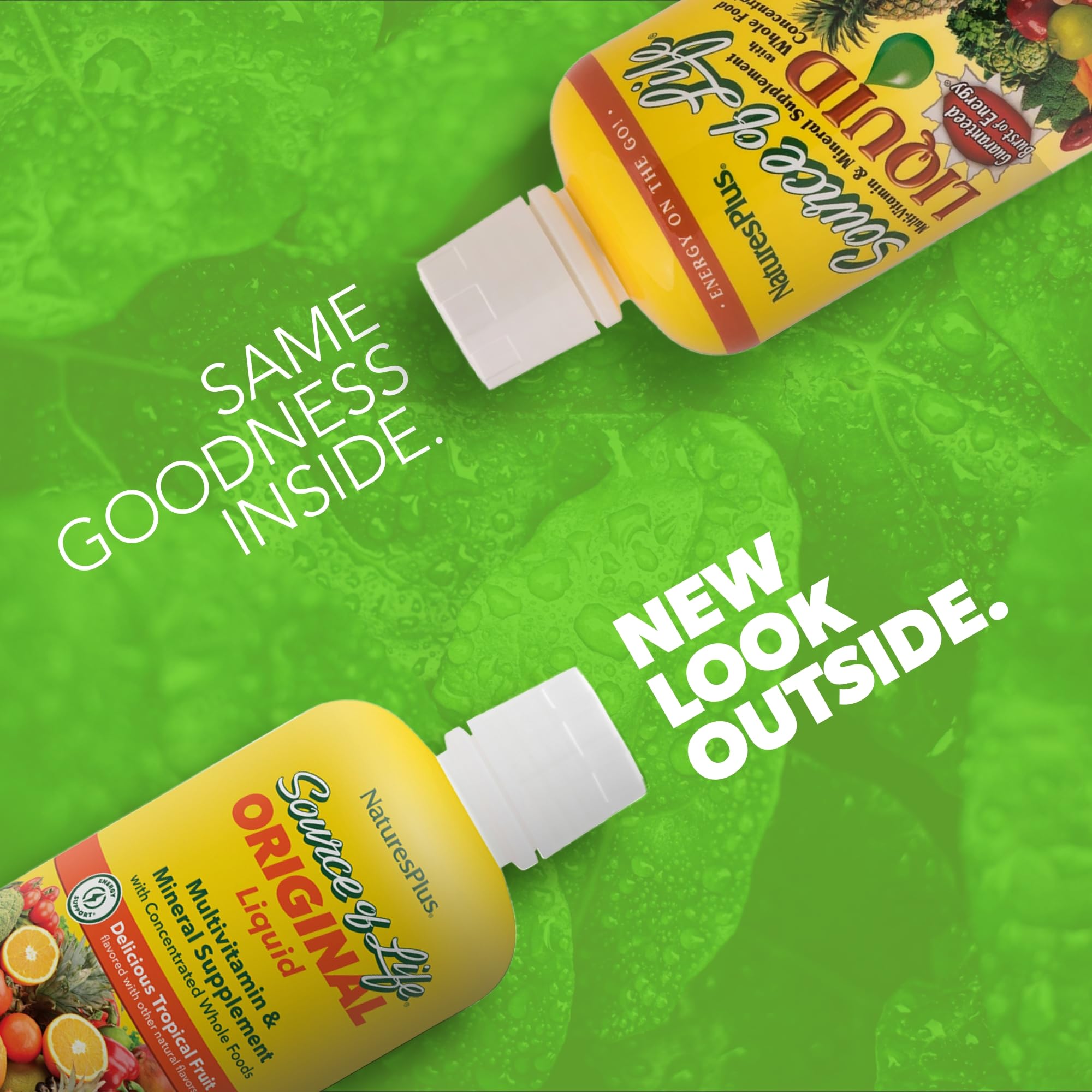 NaturesPlus Source of Life Liquid label shows tropical fruit flavor and clean allergen-free formula