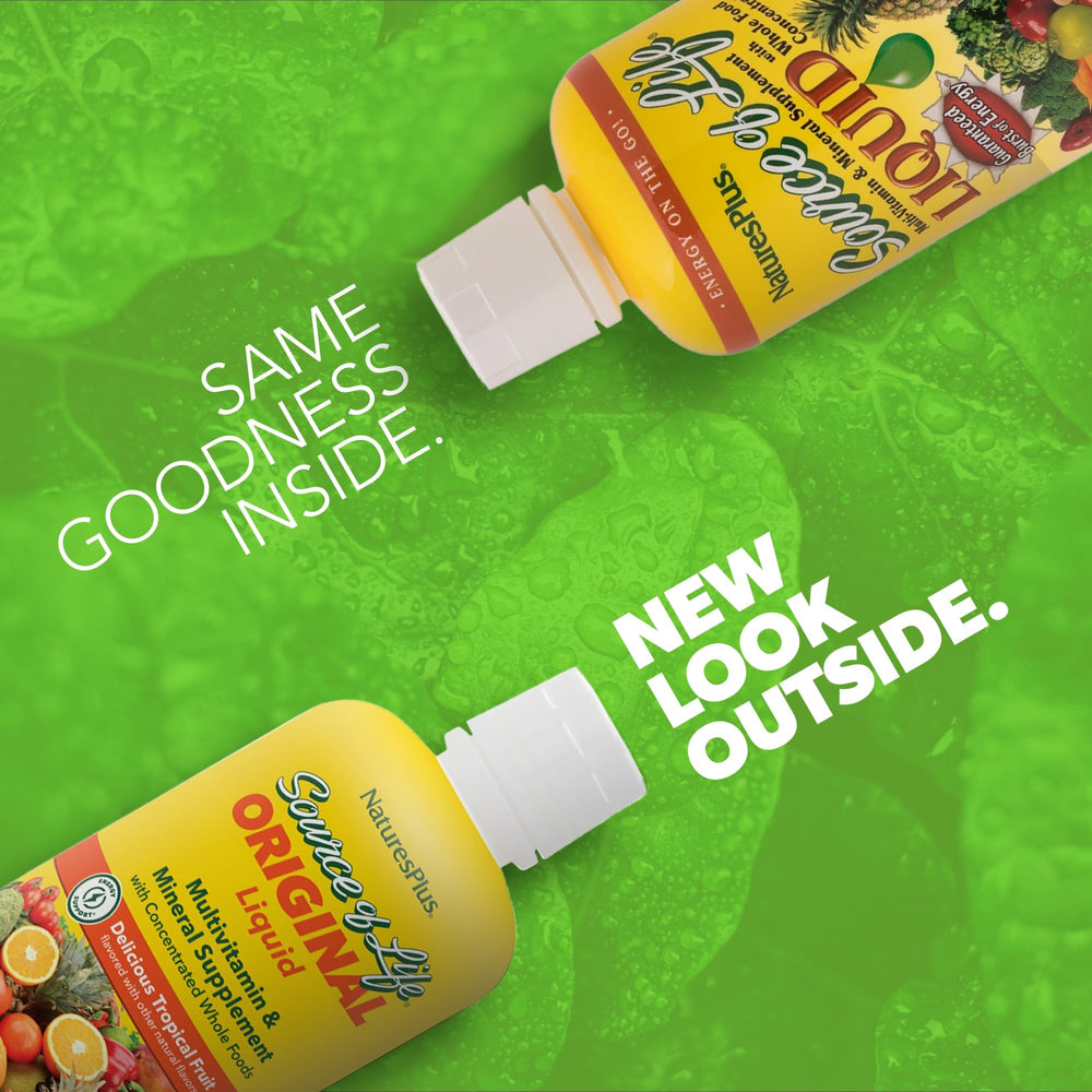 NaturesPlus Source of Life Liquid label shows tropical fruit flavor and clean allergen-free formula