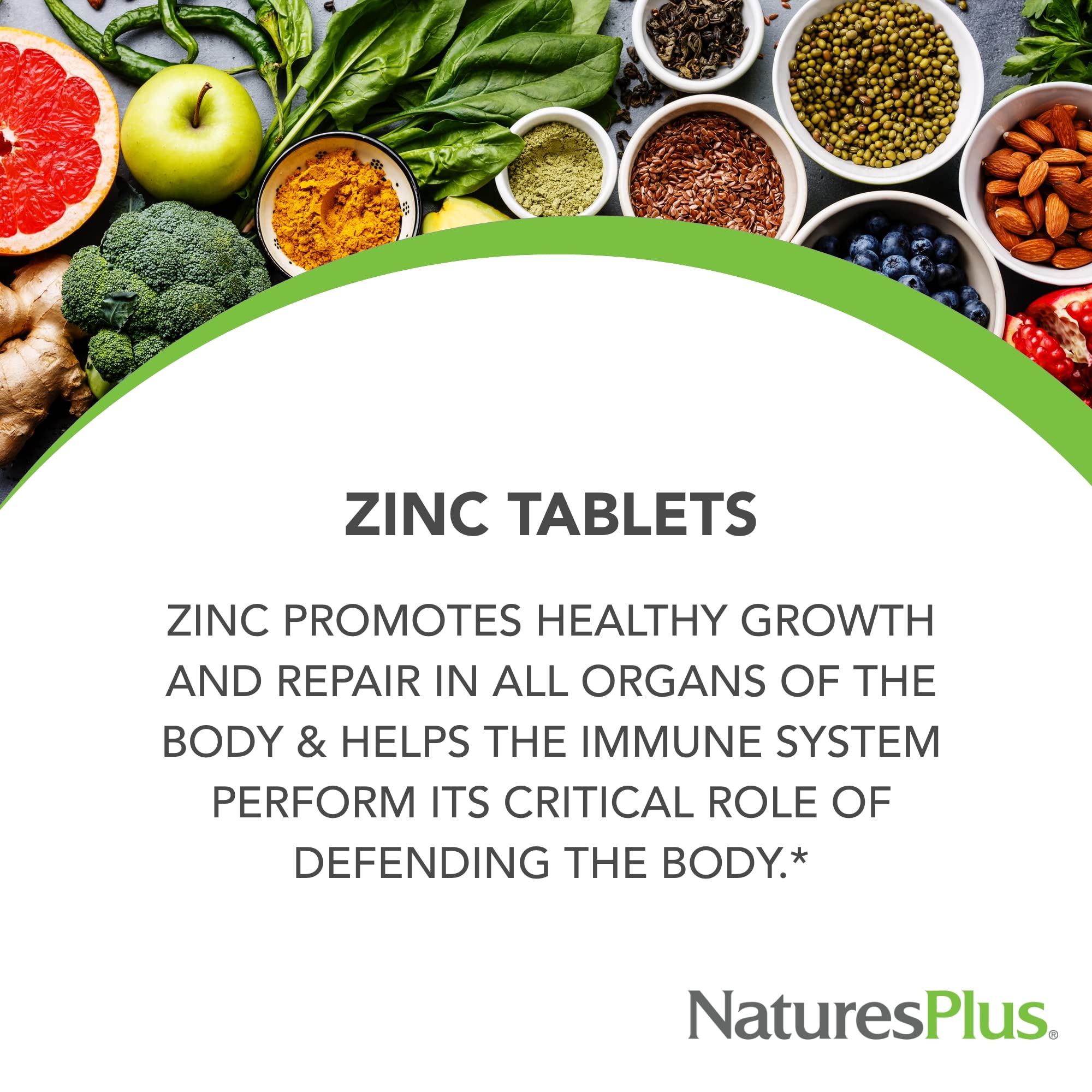 NaturesPlus Zinc tablets 10 mg packaging front illustrates gluten-free, vegetarian formula.