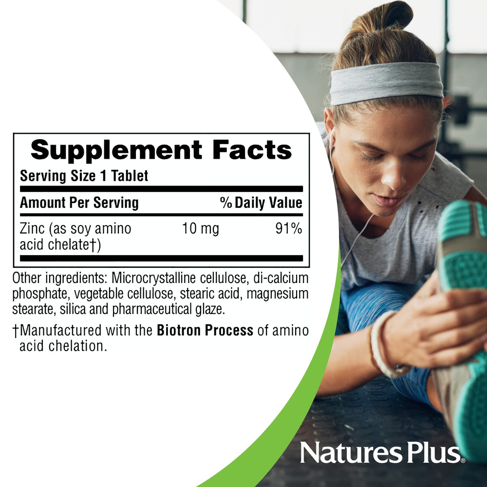 NaturesPlus Zinc tablets 10 mg product photo emphasizes no artificial colors for purity.