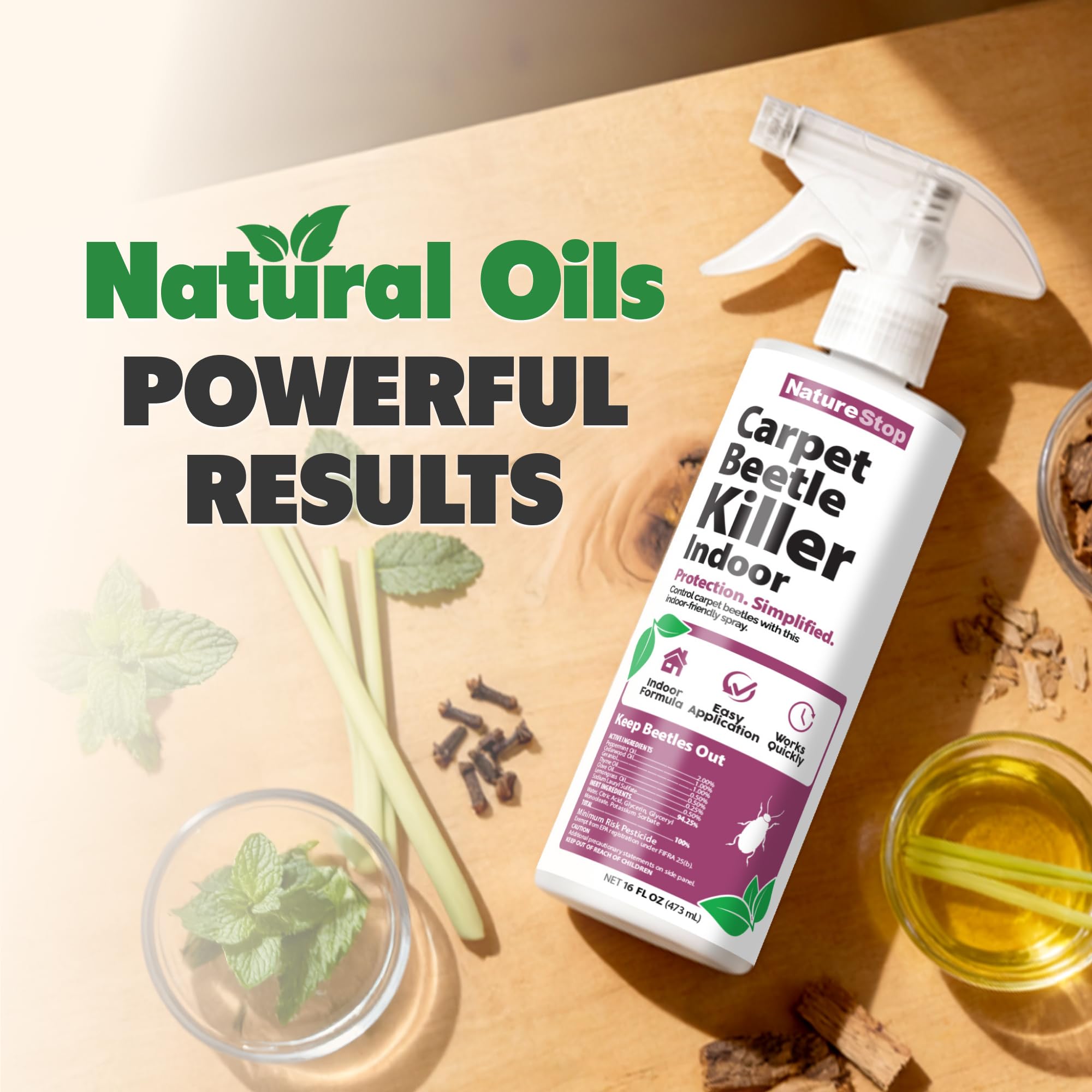 NatureStop Carpet Beetle Killer Spray targets larvae and adults during home treatment.