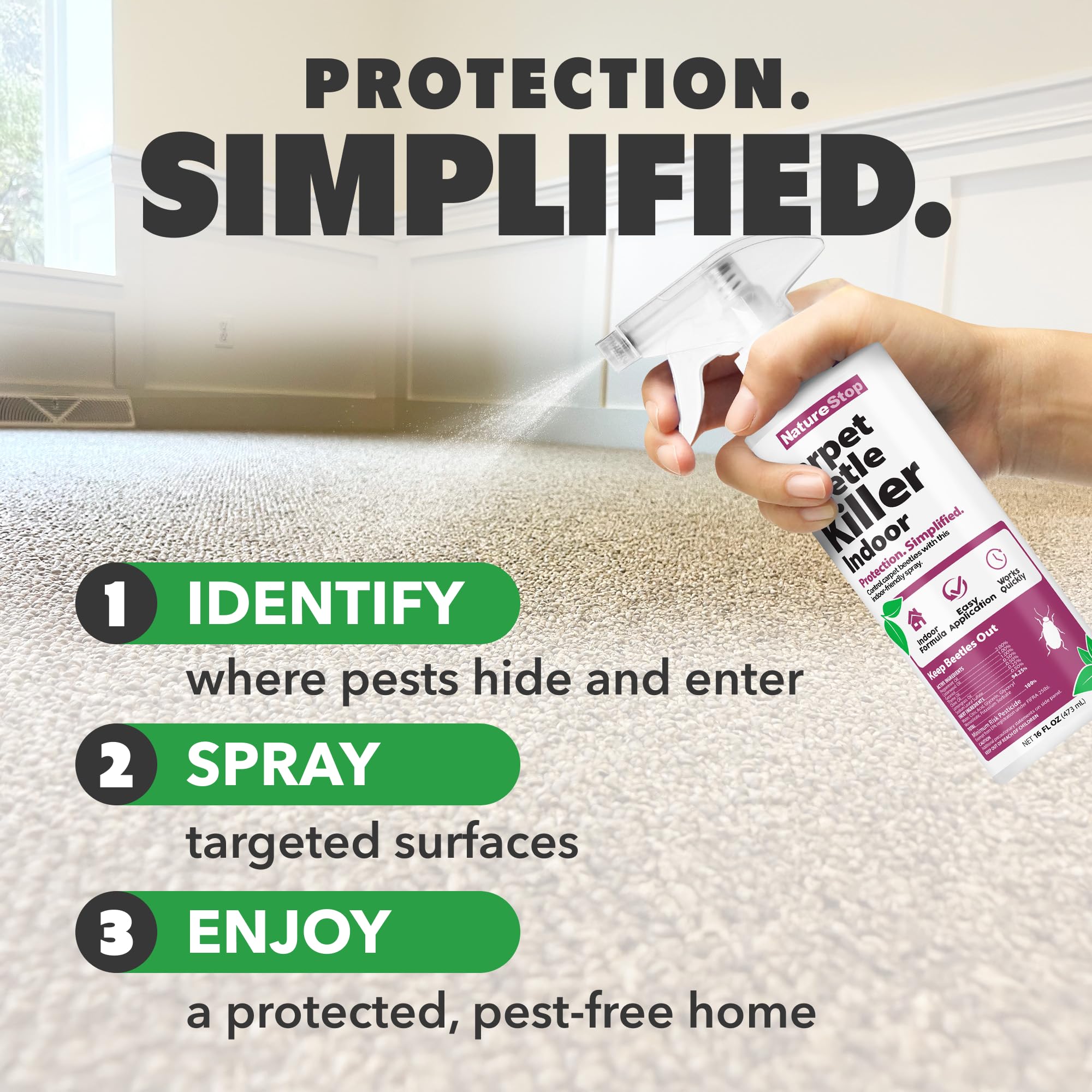 NatureStop Carpet Beetle Killer Spray packaging highlights USA-made formula.
