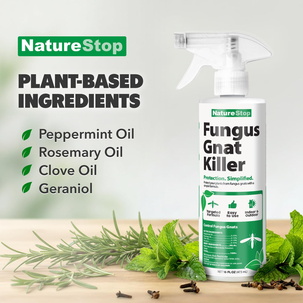 NatureStop Fungus Gnat Killer Spray delivers a fresh scent while removing pests from soil and leaves.