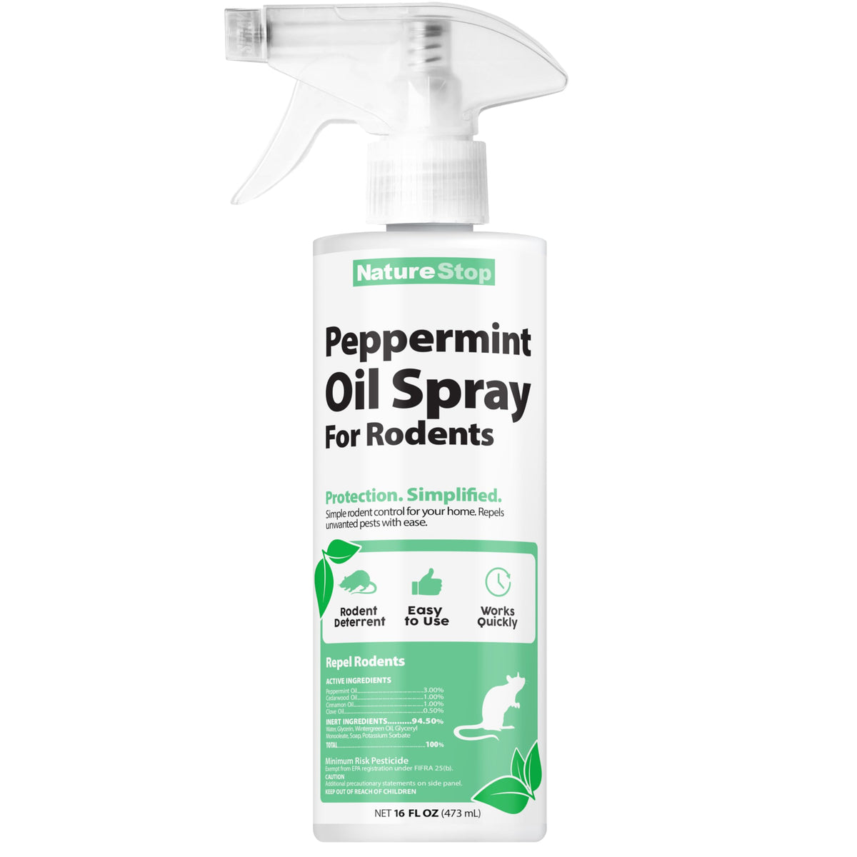 NatureStop peppermint oil spray bottle closeup showing natural rodent deterrence.