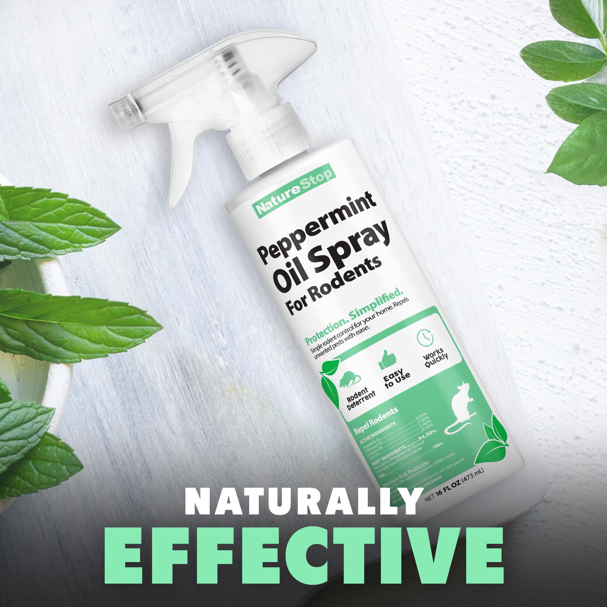 NatureStop peppermint oil spray made in USA label, emphasizing domestic production quality.
