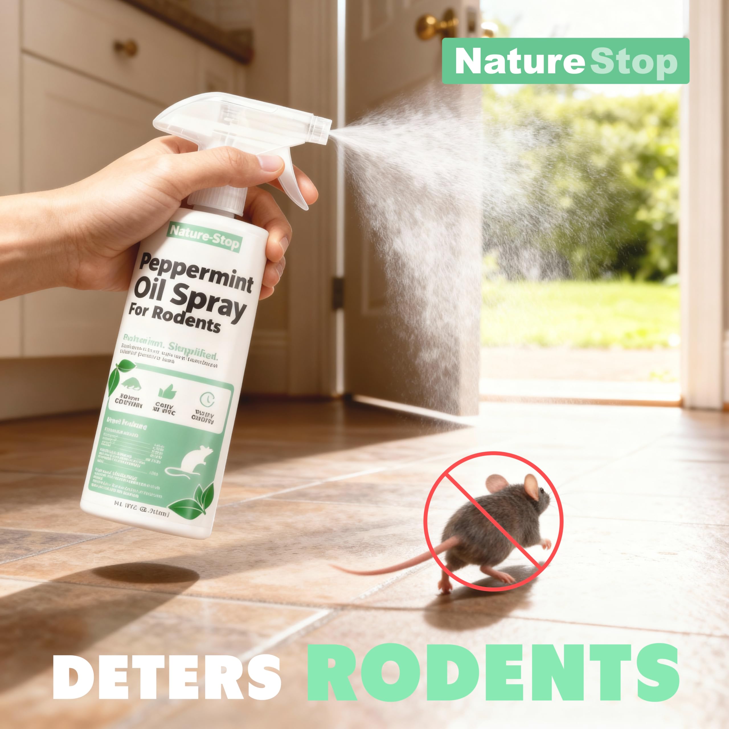 NatureStop peppermint oil spray mist applying, demonstrating quick scent release and deterrent potential.