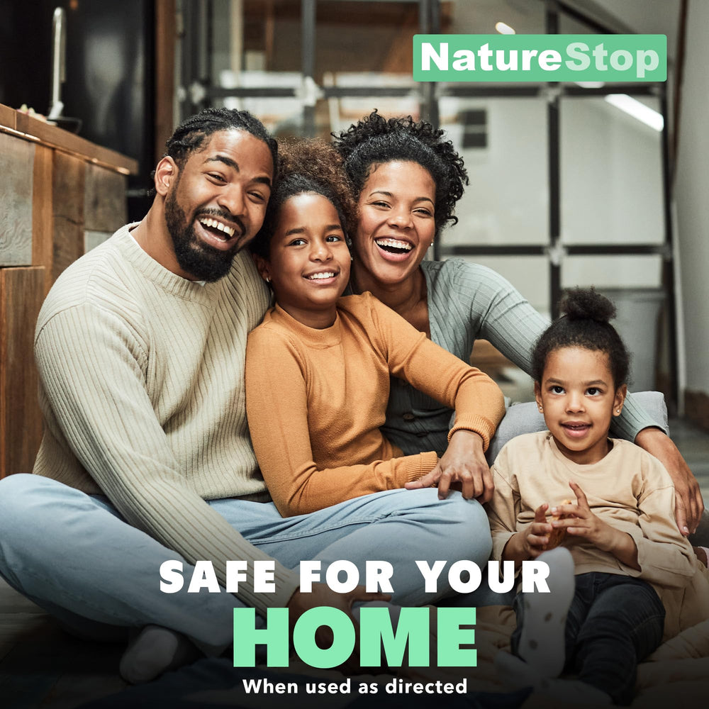 Outdoor use of NatureStop peppermint oil spray near entry points with fresh scent.