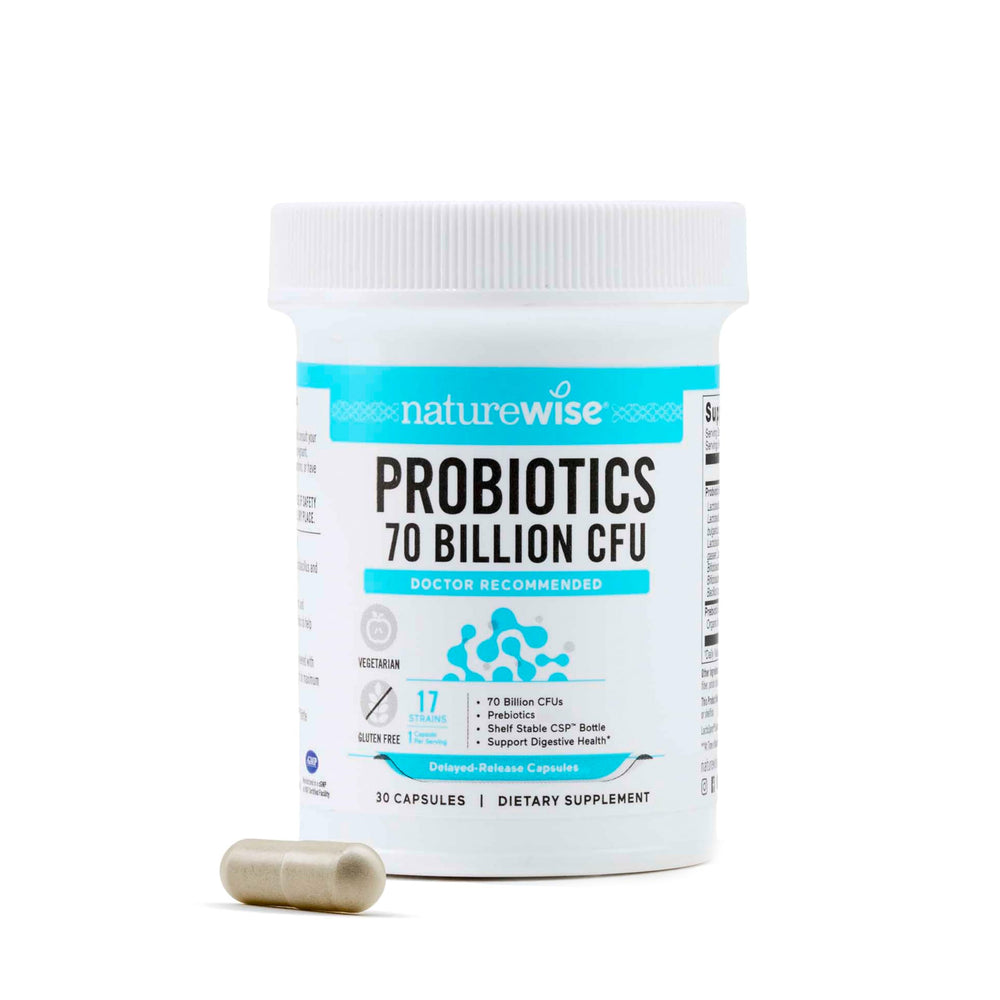 NatureWise Probiotics 70B bottle front shows 17 strains for daily gut balance.