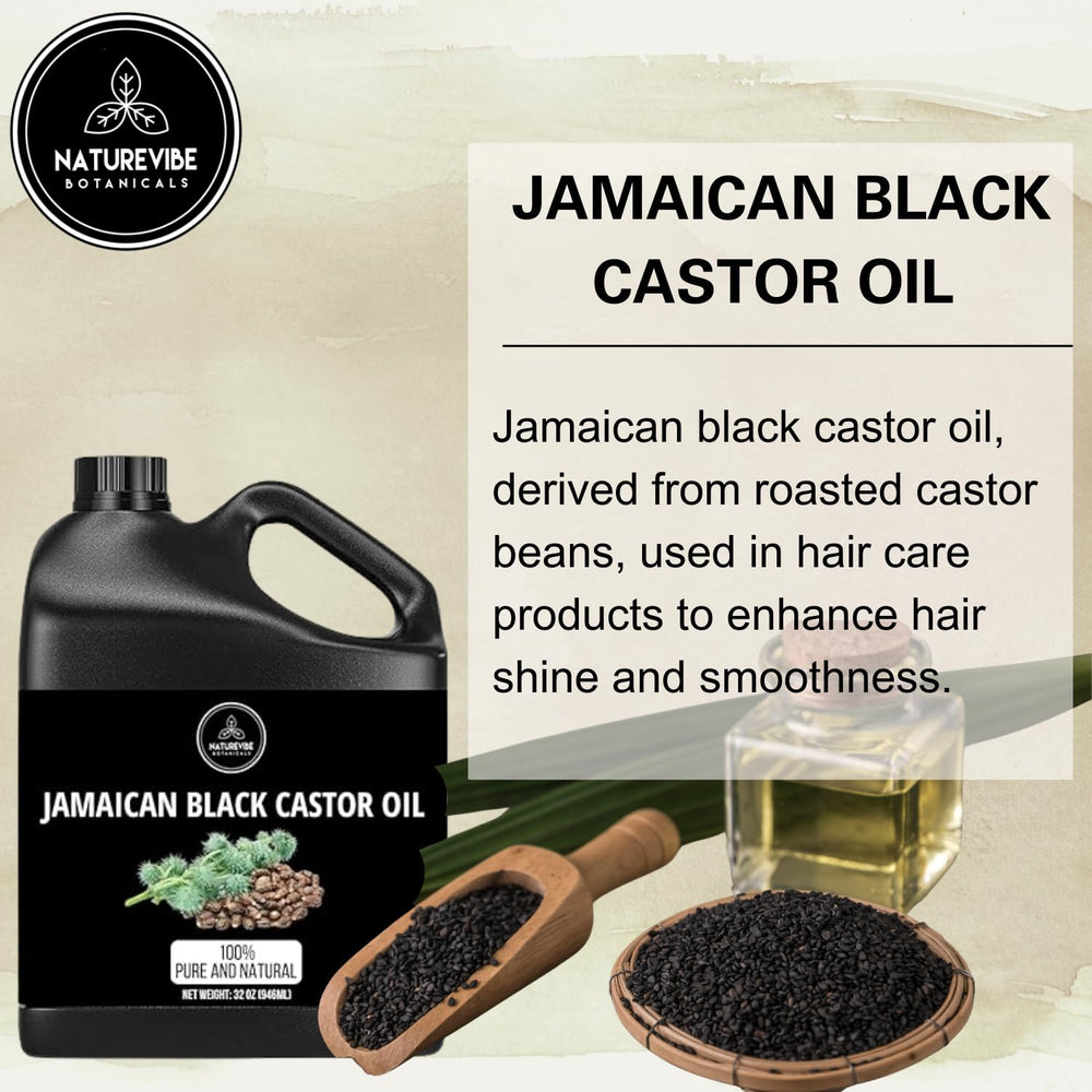 Naturevibe Botanicals Jamaican Black Castor Oil label showing 100% pure formula