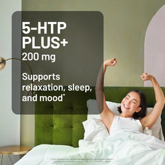 NatureWise 5-HTP Plus+ capsules close-up showing delayed-release form for steady support.