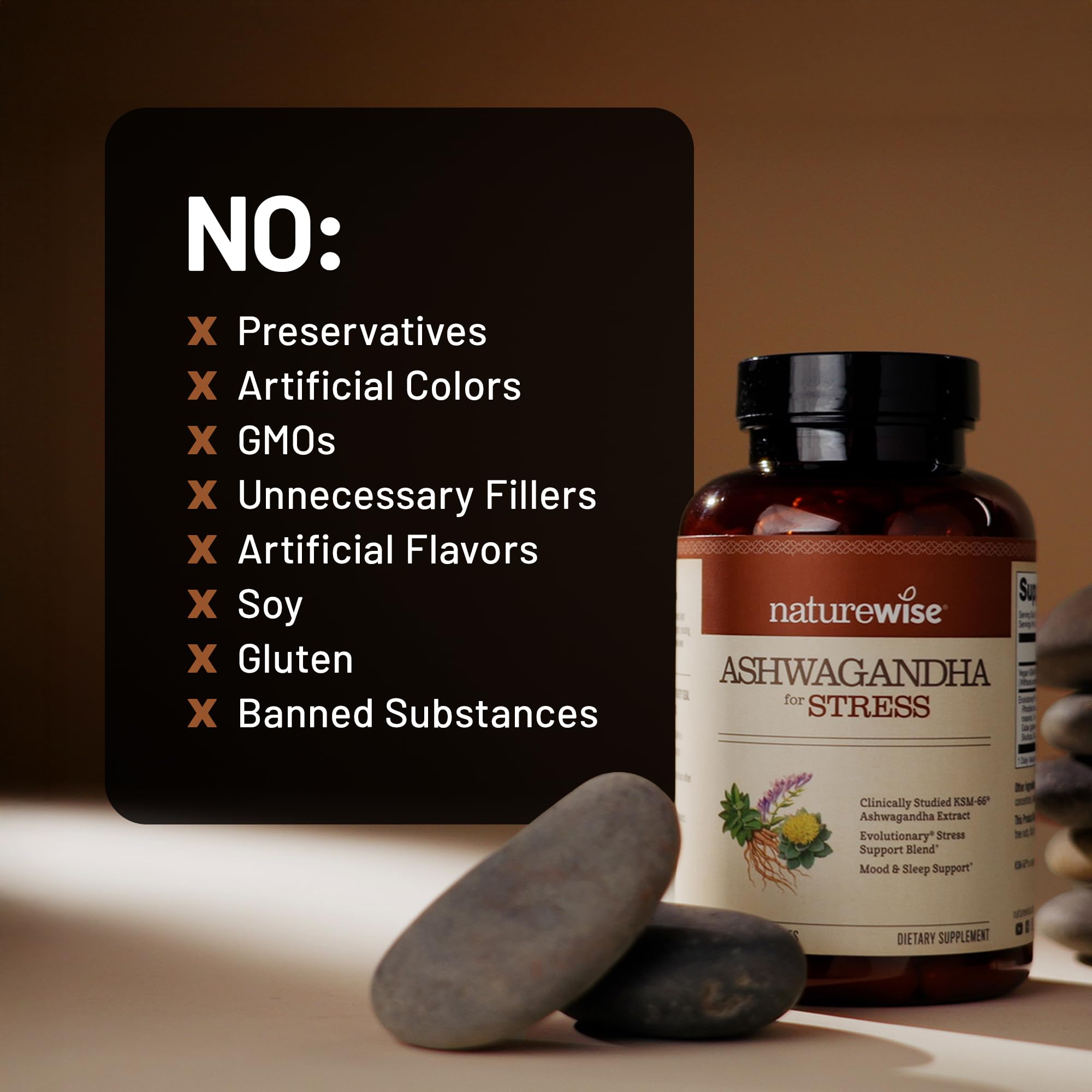 NatureWise Ashwagandha label details show vegan and gluten-free features.