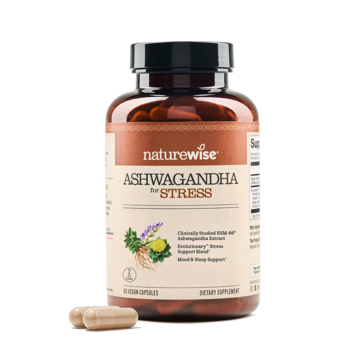 NatureWise Ashwagandha stress bottle for daily support.