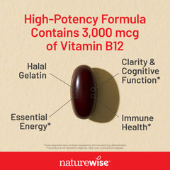 NatureWise Vitamin B12 3000 mcg packaging with gluten-free and non-GMO formulation.