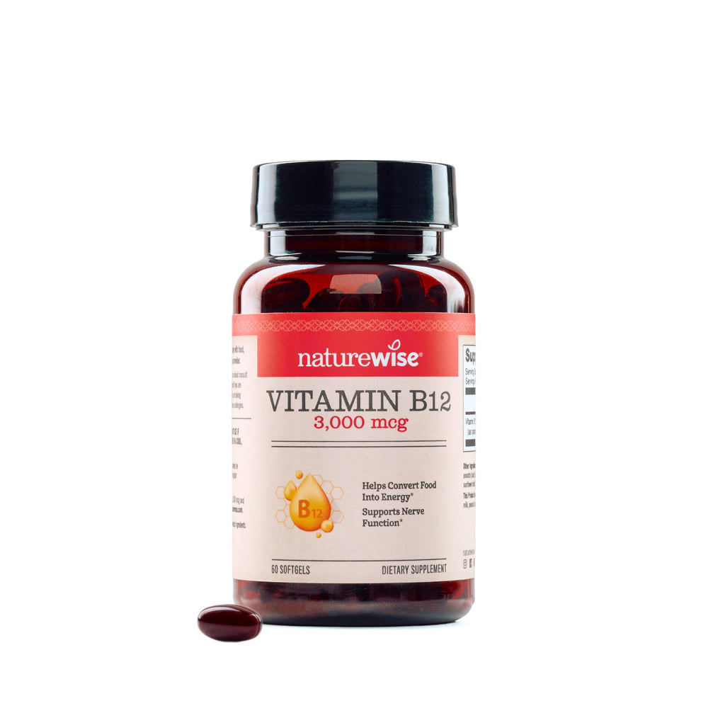 NatureWise Vitamin B12 3000 mcg softgel front view highlighting potency for energy support.