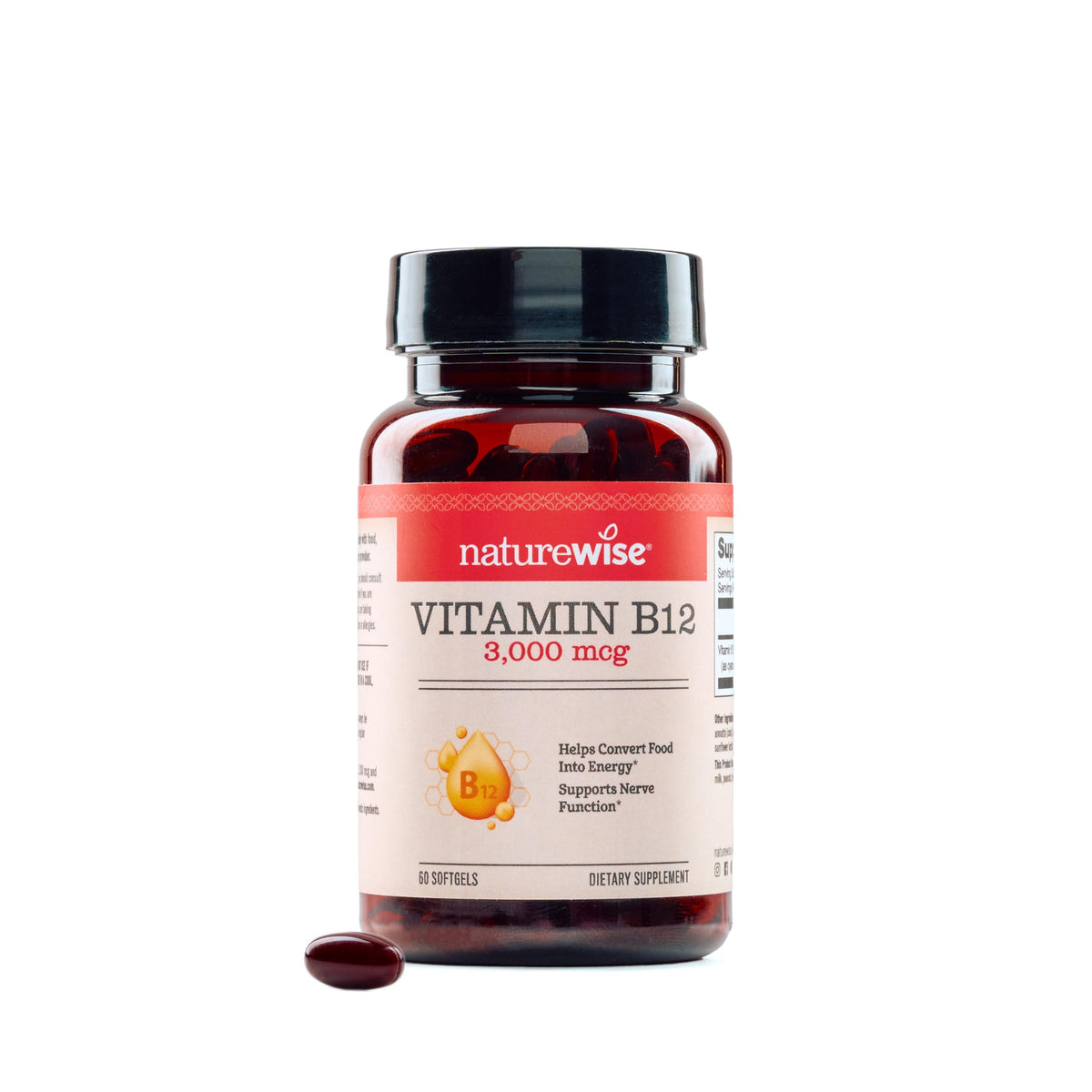 NatureWise Vitamin B12 3000 mcg softgel front view highlighting potency for energy support.