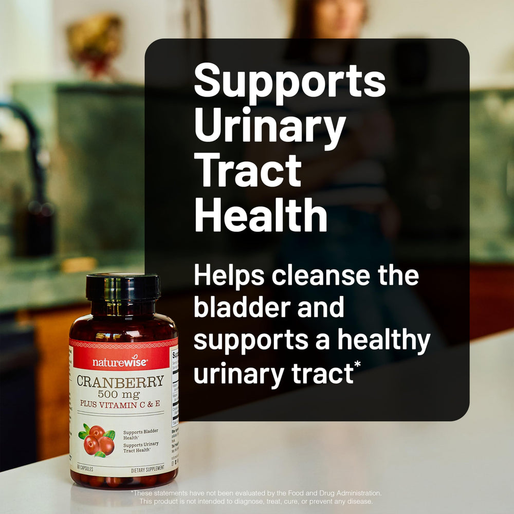 Close-up of NatureWise Cranberry Pills capsules showing 500 mg per serving.