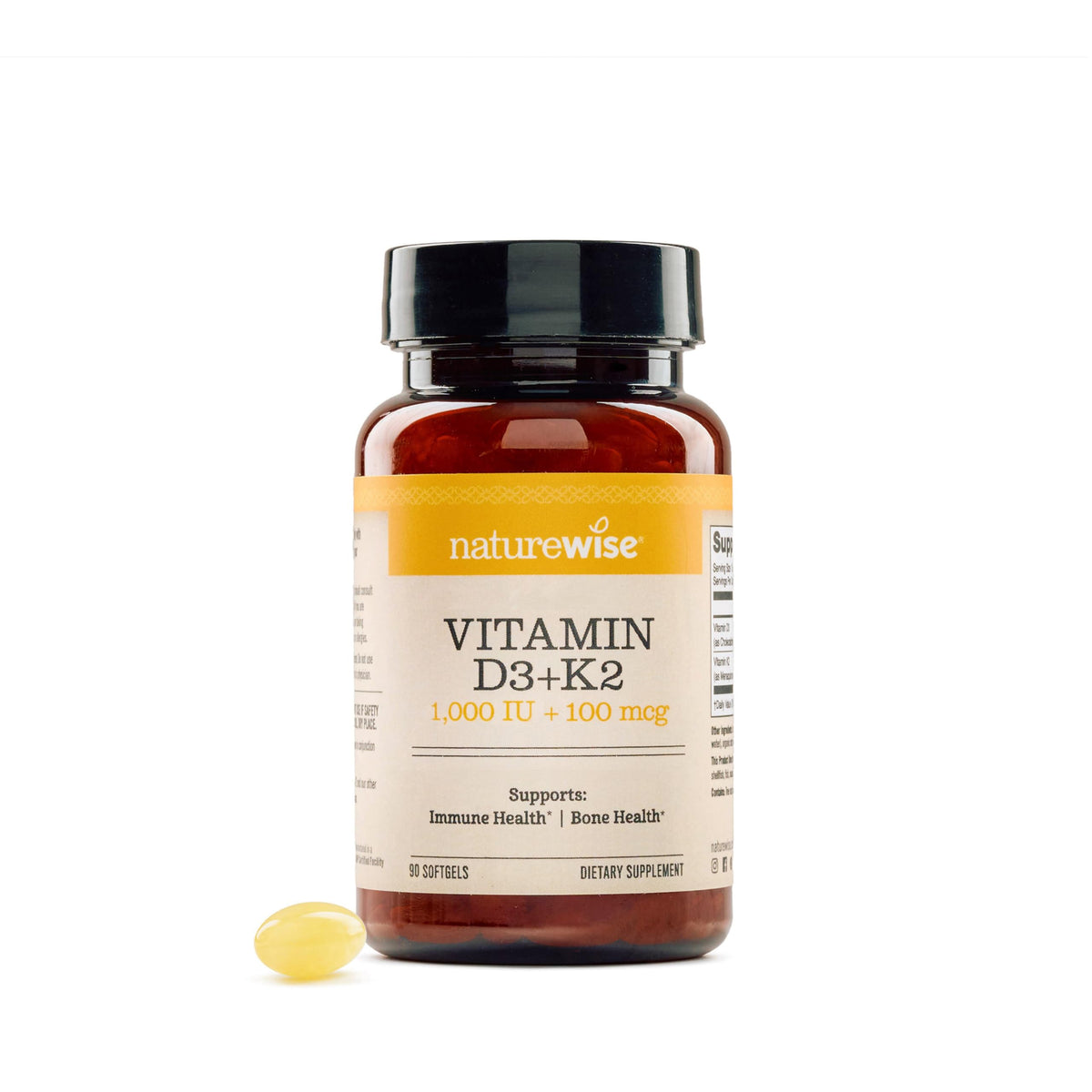 NatureWise D3 + K2 bottle cap closeup shows precise dosing and bone health focus.