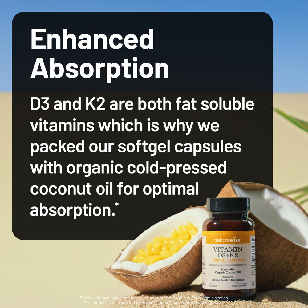 Vitamin D3 + K2 capsules beside calcium-rich foods for guidance.