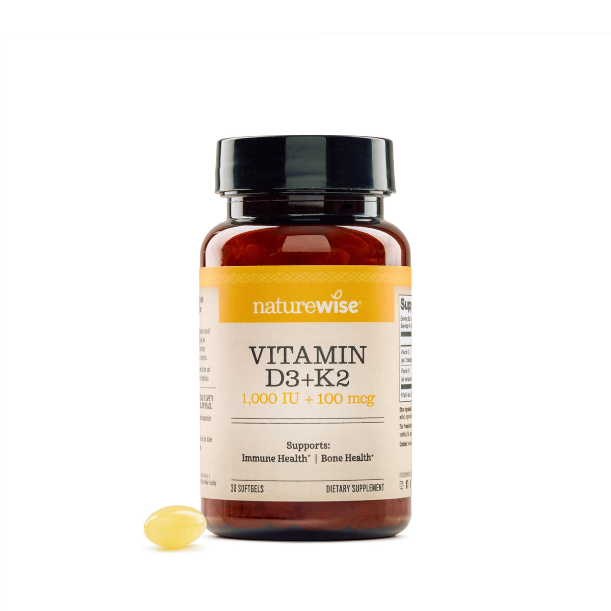 NatureWise D3 + K2 softgels bottle for daily calcium support.