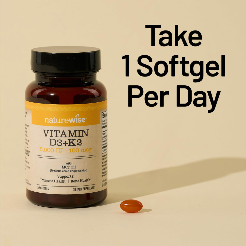 Softgels on white background representing NatureWise D3 + K2