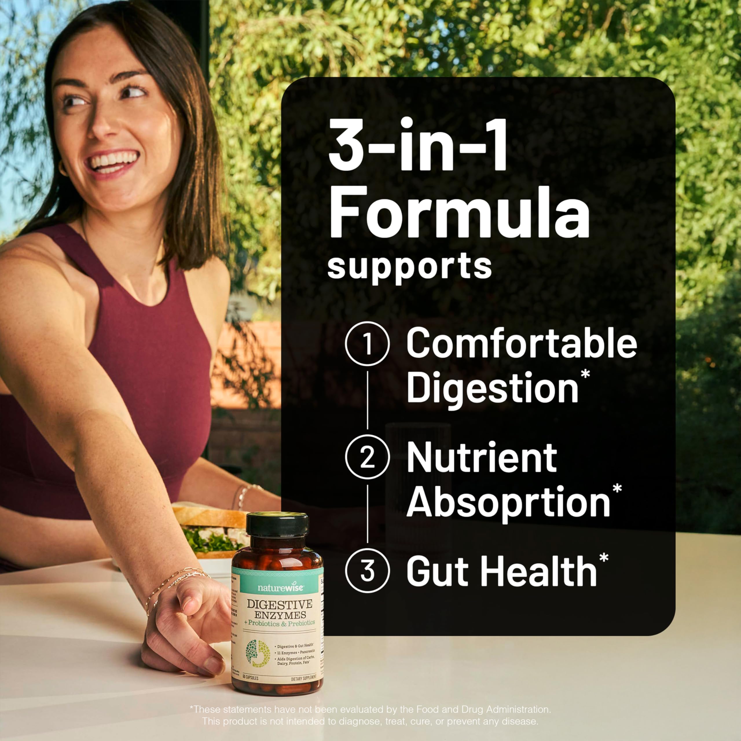 Close-up of NatureWise Digestive Enzymes capsules emphasizing multi-enzyme blend