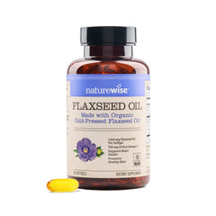 NatureWise Flaxseed Oil bottle-front shows organic, cold-pressed omega-3 source.