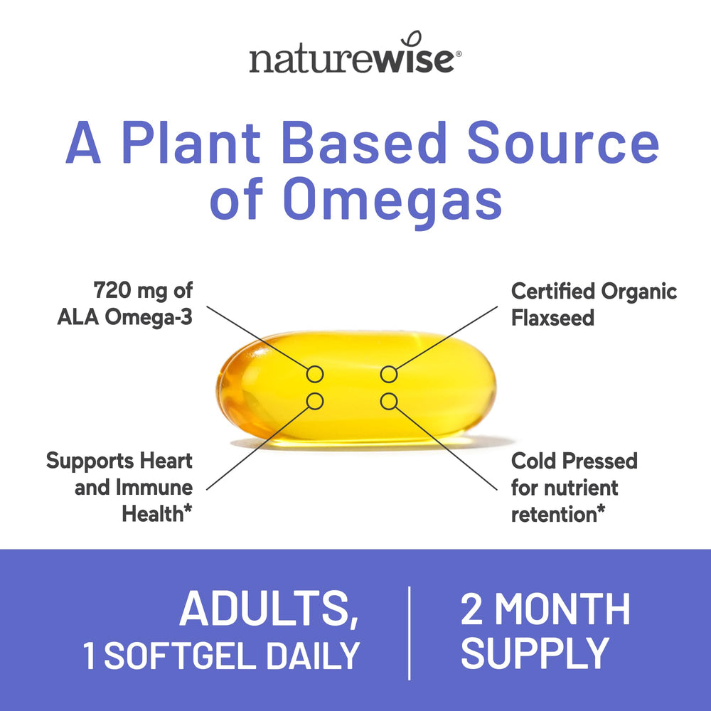 NatureWise Flaxseed Oil label with organic-certifications emphasizes quality.