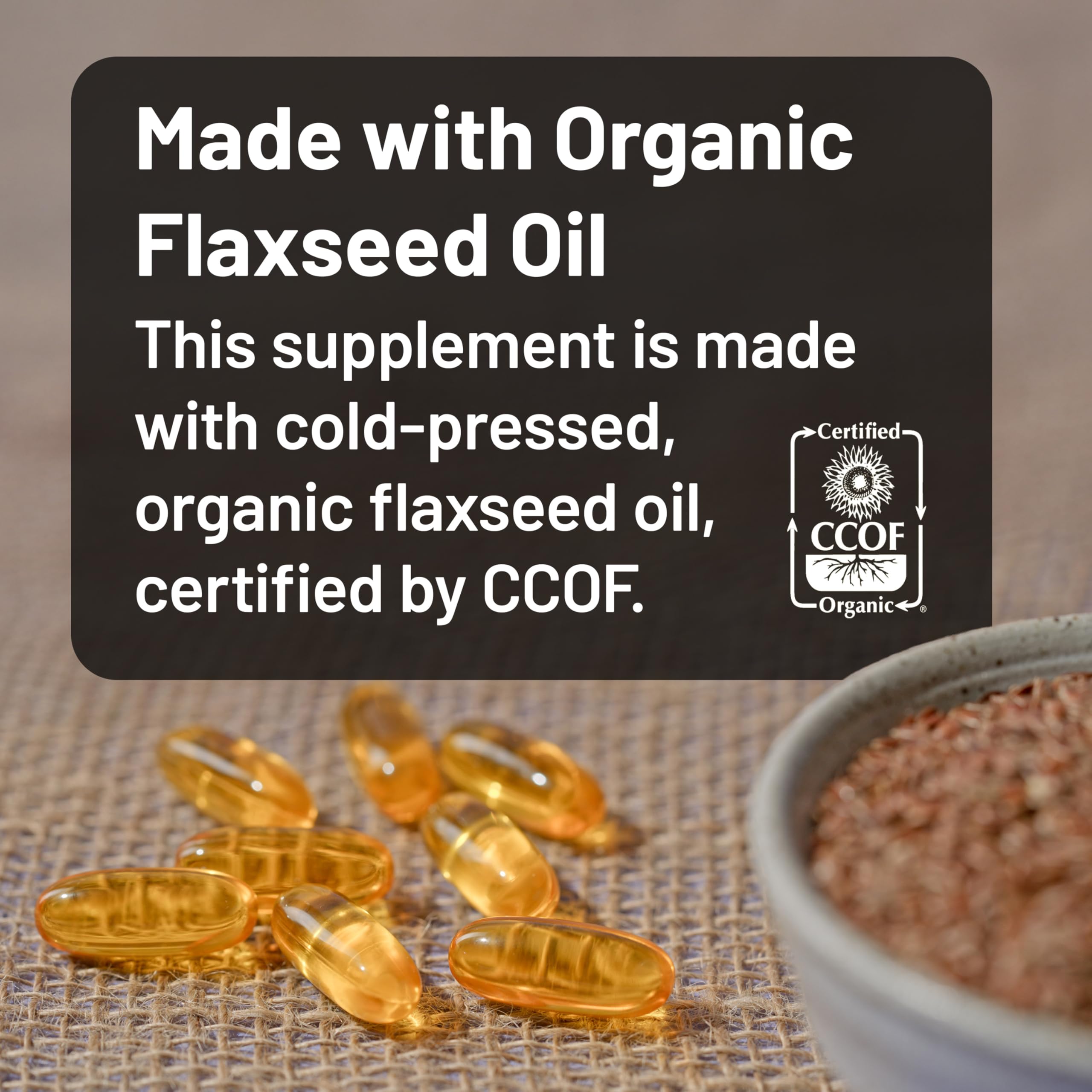 NatureWise Flaxseed Oil softgels closeup highlights convenient, non-GMO omega-3 capsule.