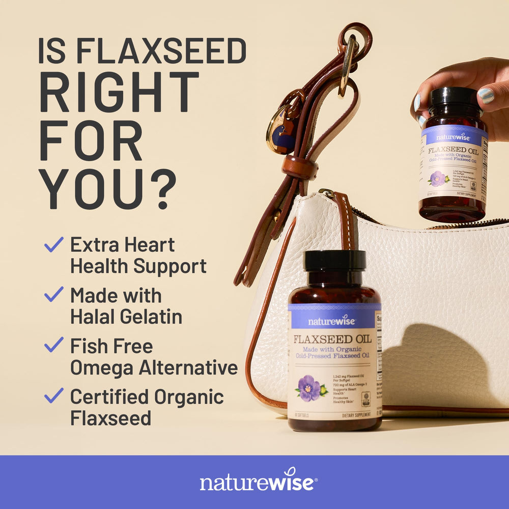 NatureWise Flaxseed Oil third-party testing badge implies independent quality checks.
