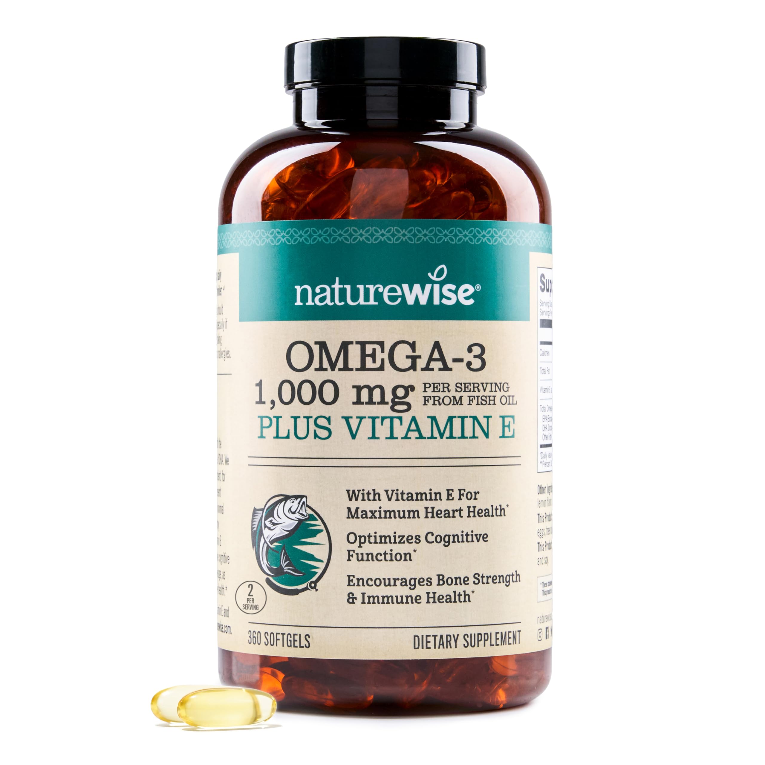 NatureWise Omega-3 lemon bottle pour showcases purified oil for potential heart and brain support.