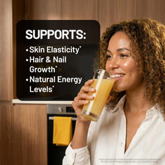 NatureWise Liquid Collagen being poured into water for easy daily use.