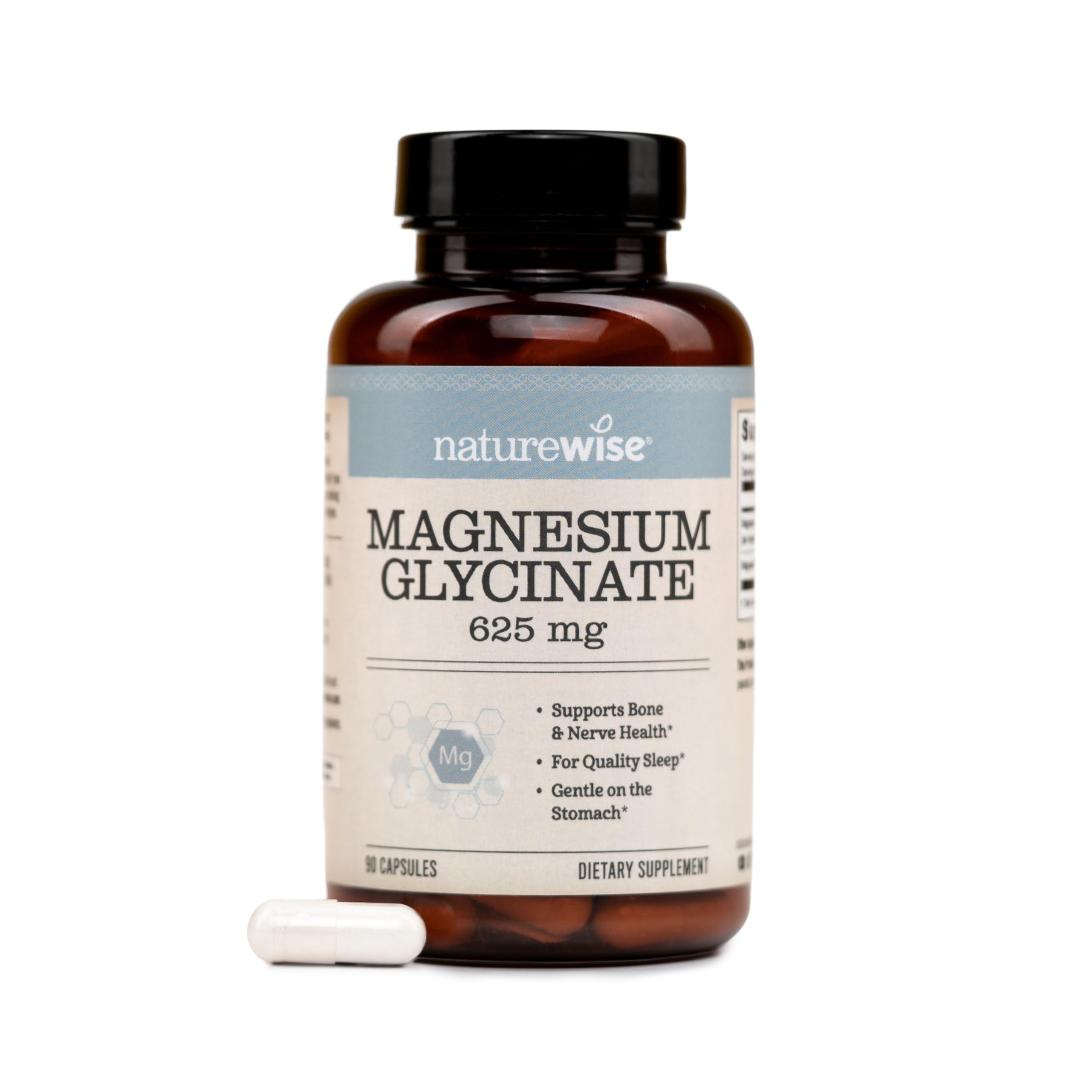 NatureWise Magnesium Glycinate 625mg bottle front view for daily wellness.