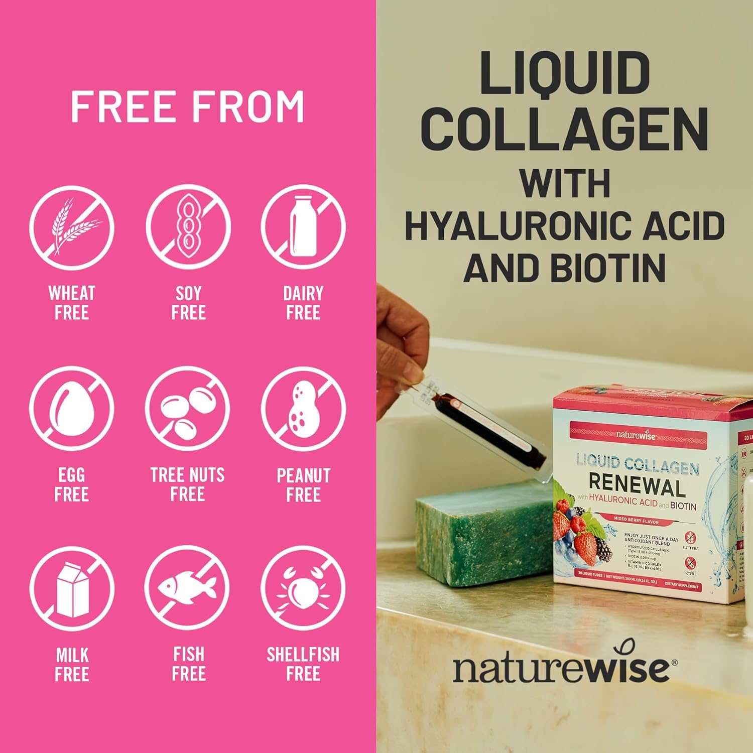 Mixed berry flavored NatureWise collagen served in a glass.