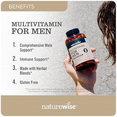 NatureWise Men's Multivitamin bottle back label showing ingredients for energy and health.