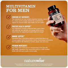 NatureWise Men's Multivitamin bottle beside glass of water for daily wellness.