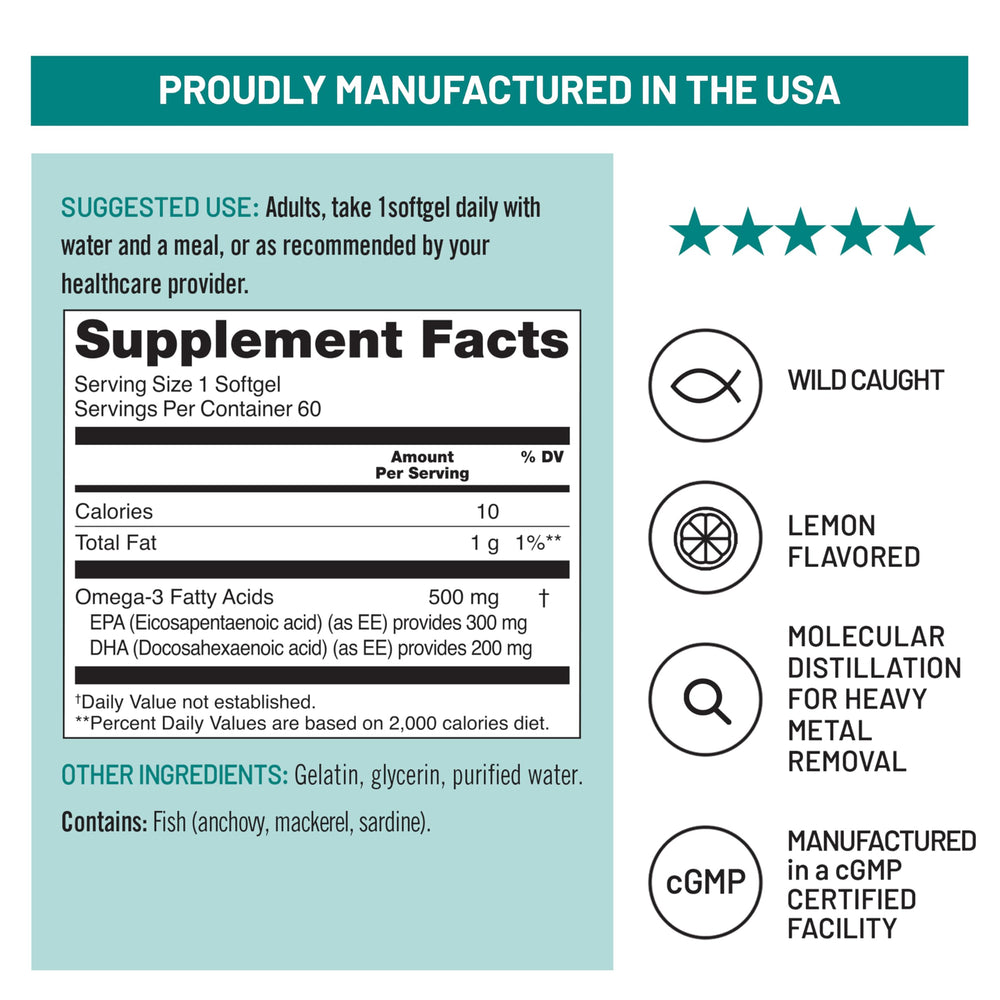 NatureWise Omega-3 softgels poured into a clear bottle.
