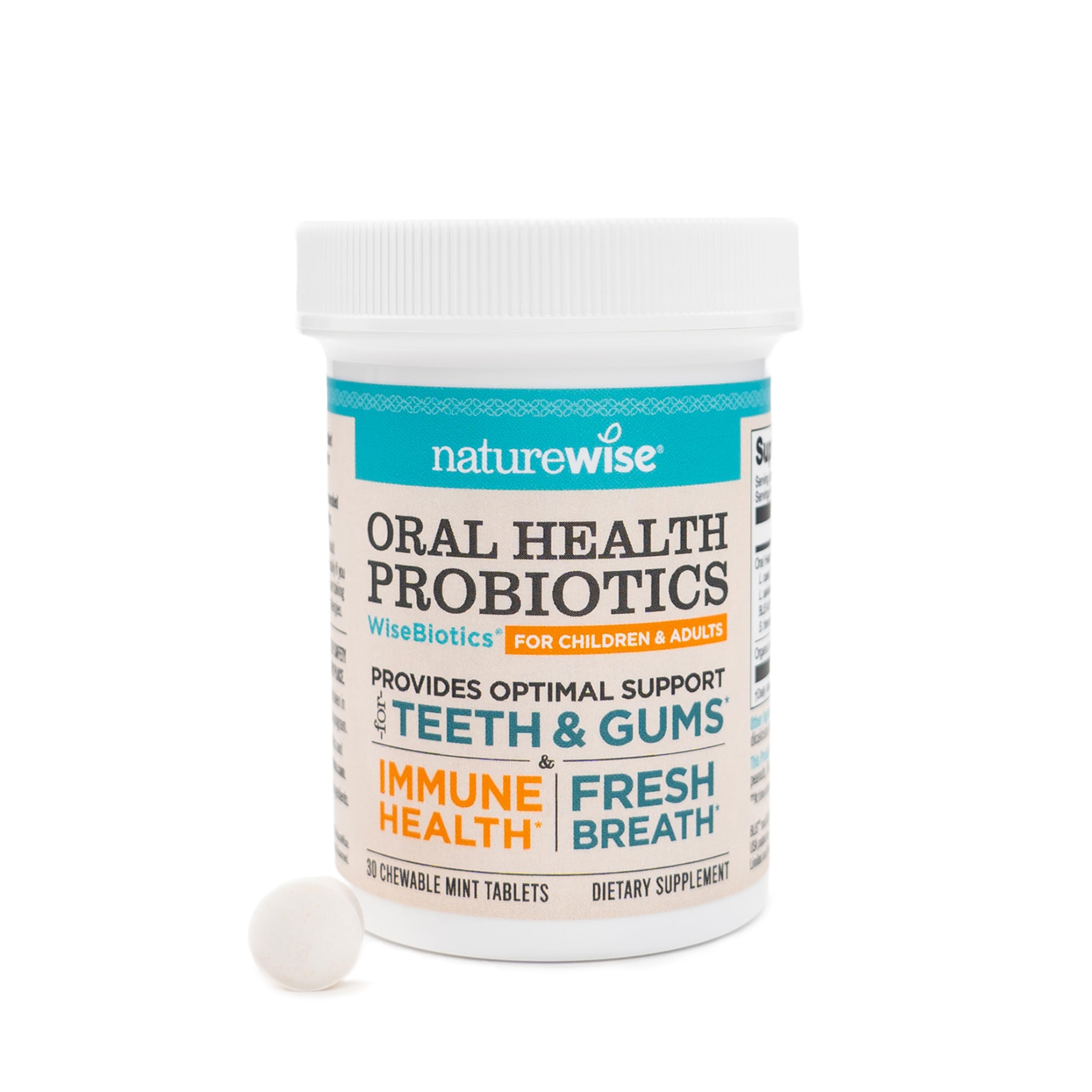 NatureWise oral probiotics bottle close-up promoting fresh breath