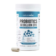 NatureWise Probiotics bottle front showing 60B CFU for daily gut support.