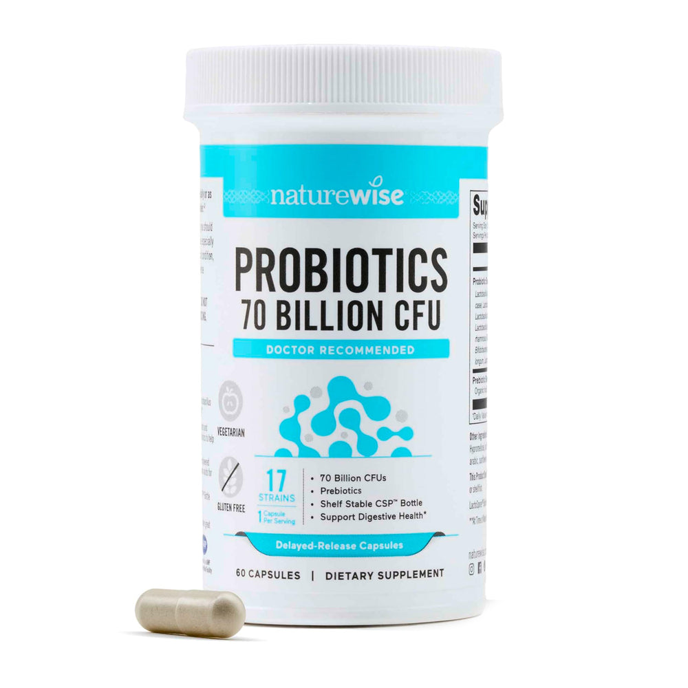 NatureWise Probiotics bottle front showing 70B CFU potency for daily gut support