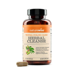 NatureWise Total Colon Care bottle front promotes vegan gut support for regularity.