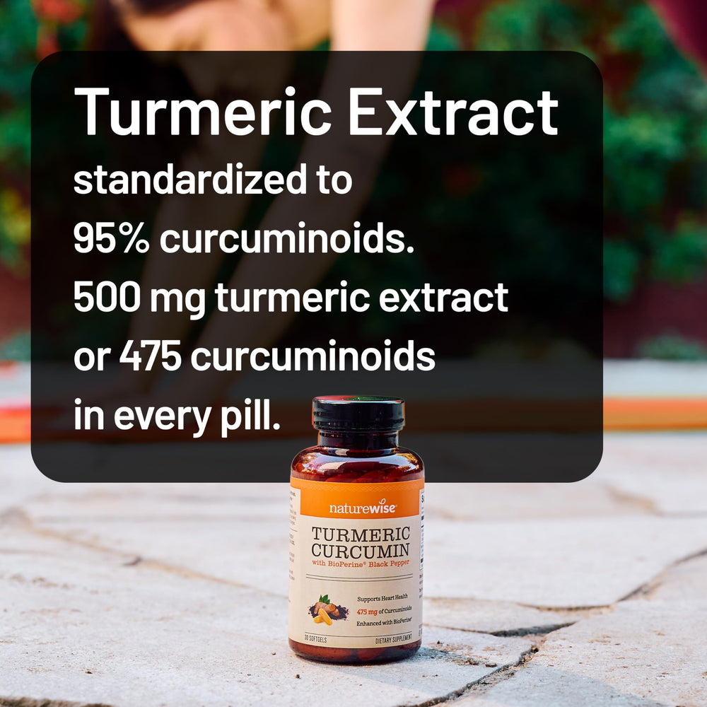 NatureWise Turmeric Curcumin softgels label highlighting gluten-free and non-GMO