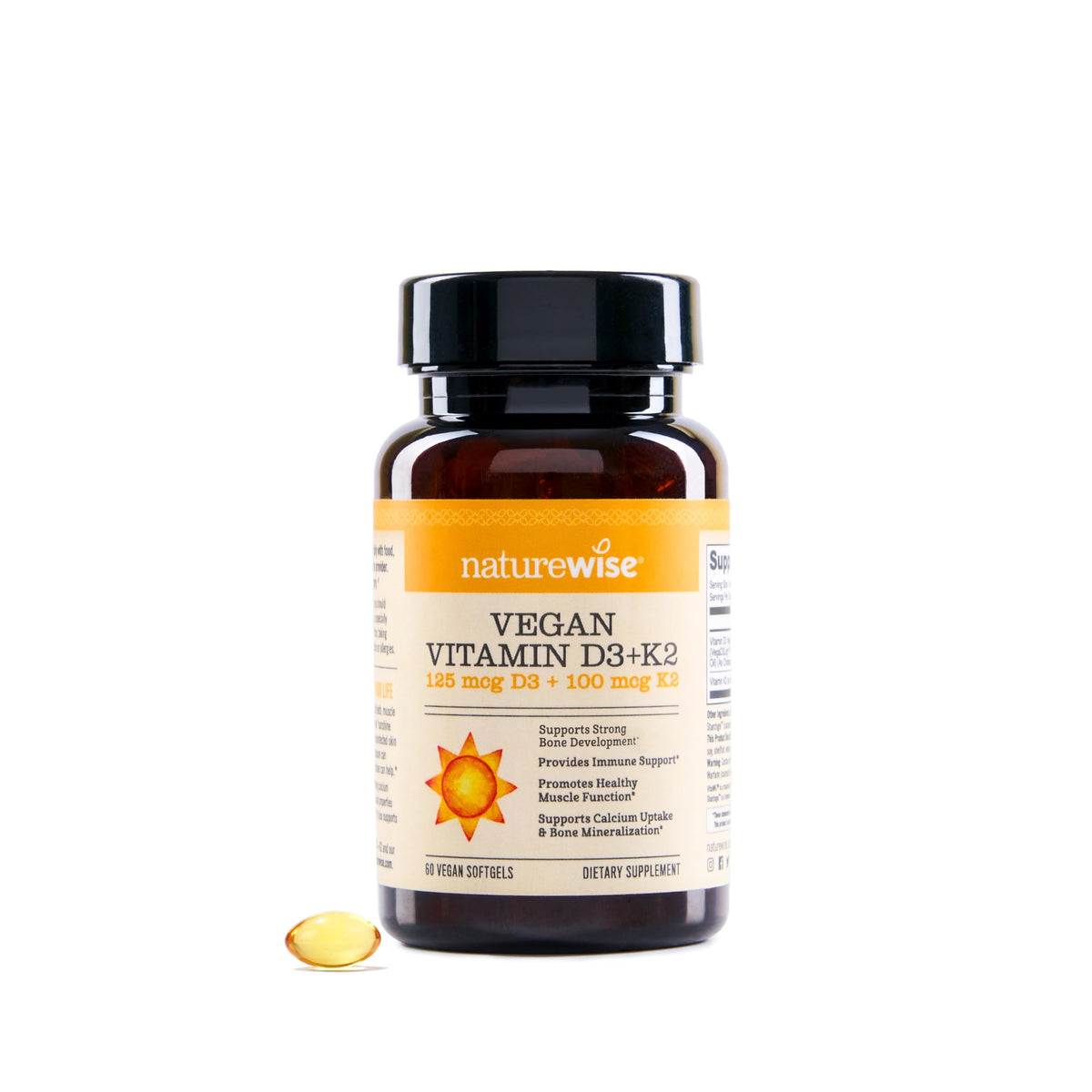NatureWise vegan D3 + K2 bottle with olive oil for enhanced absorption and bone support
