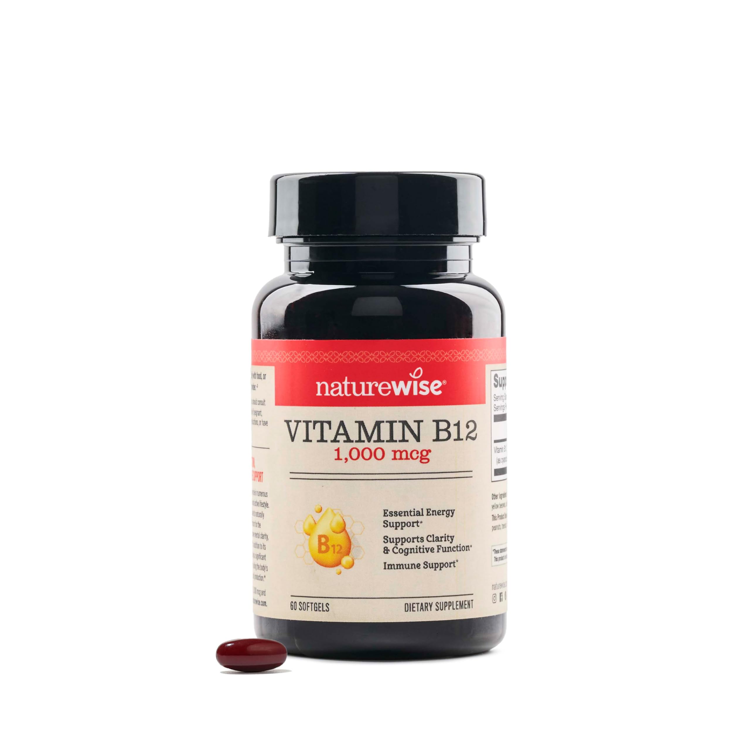 NatureWise Vitamin B12 softgel bottle showing energy support on the go