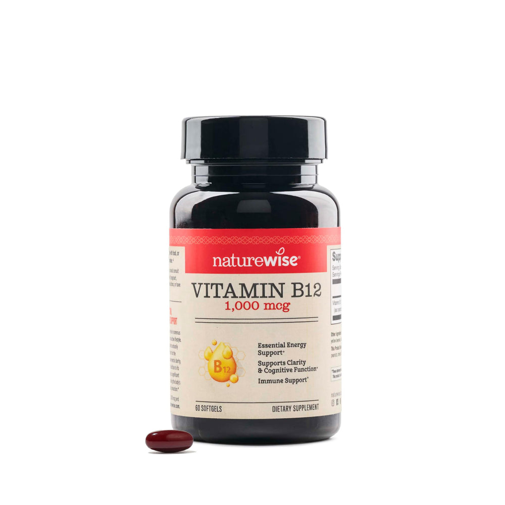 NatureWise Vitamin B12 softgel bottle showing energy support on the go