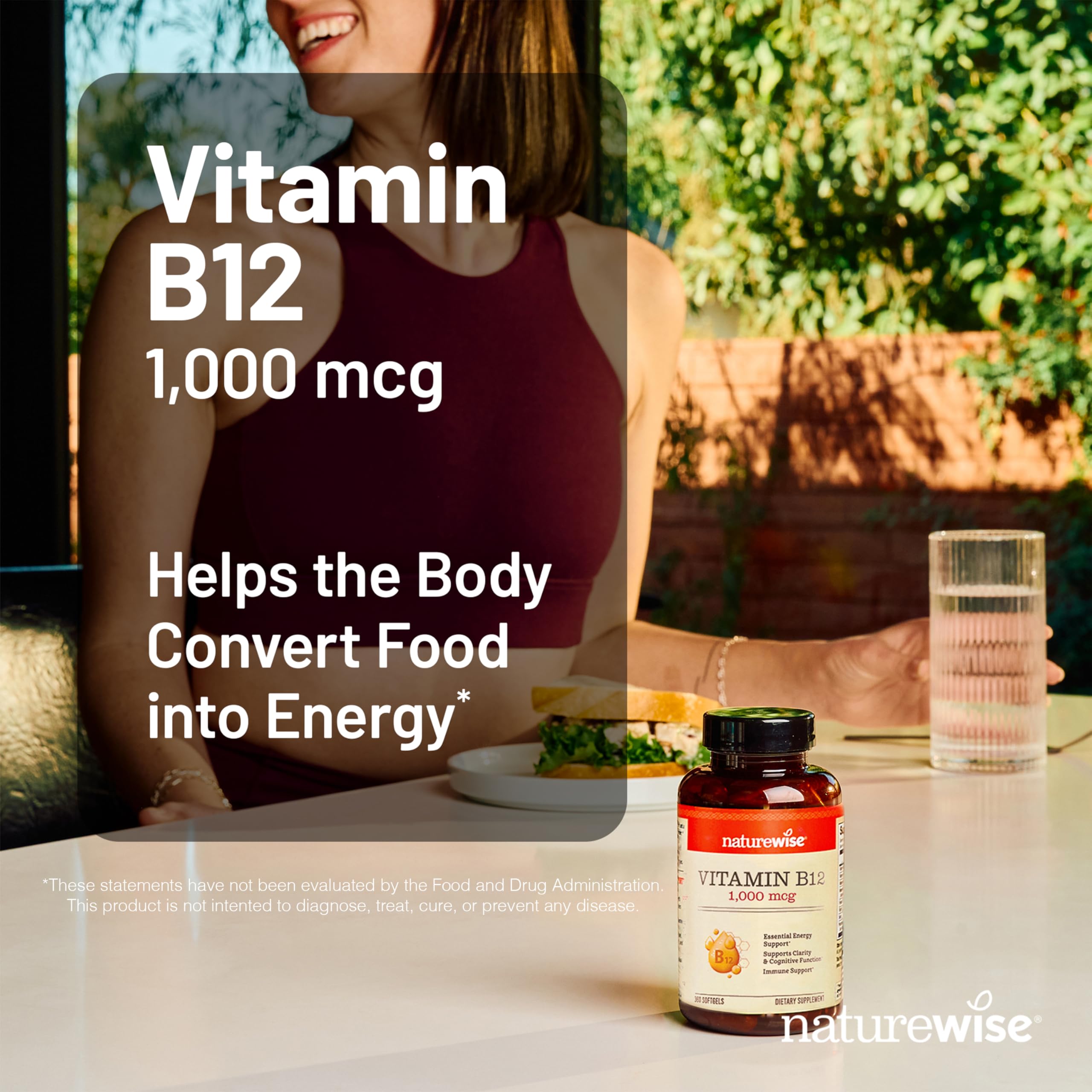 Close-up of NatureWise B12 softgels emphasizing easy swallowing