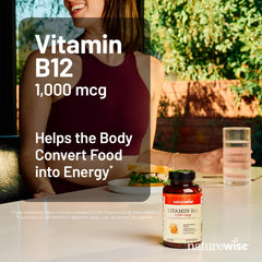 Close-up of NatureWise B12 softgels emphasizing easy swallowing