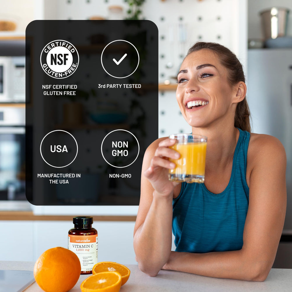 Gluten-free icon on NatureWise Vitamin C 1000mg bottle