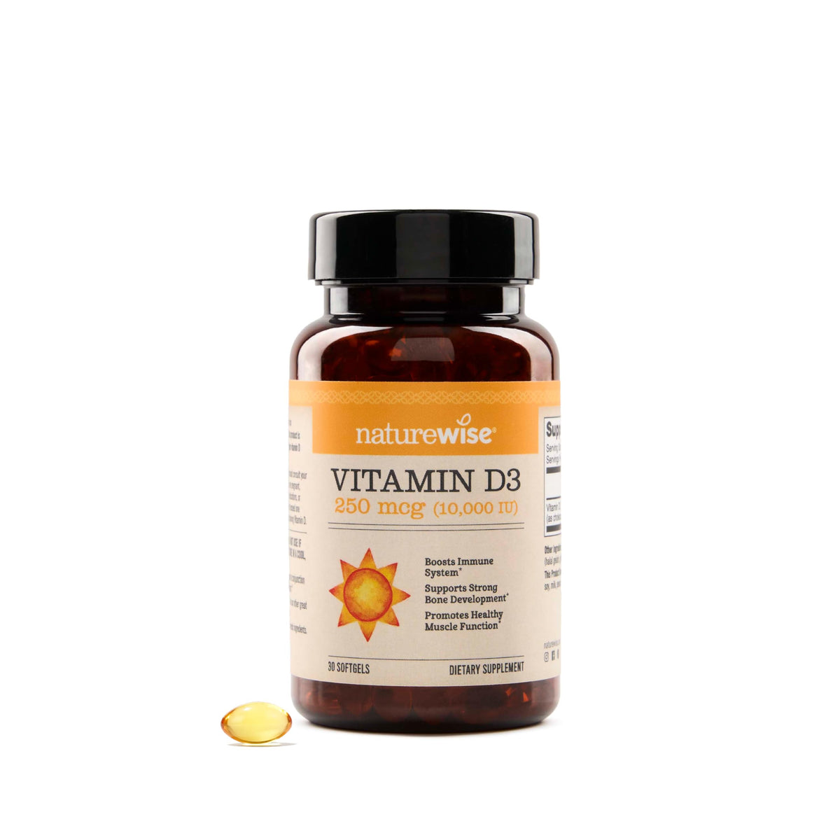 NatureWise Vitamin D3 10,000 IU bottle closeup for immune and bone support