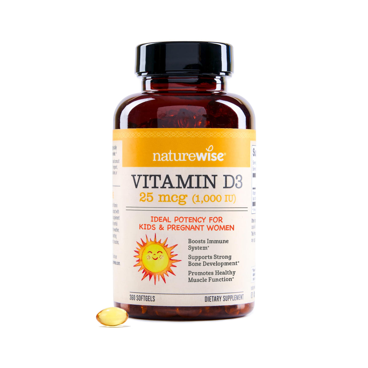 NatureWise Vitamin D3 1000IU softgel bottle with olive oil for better absorption.